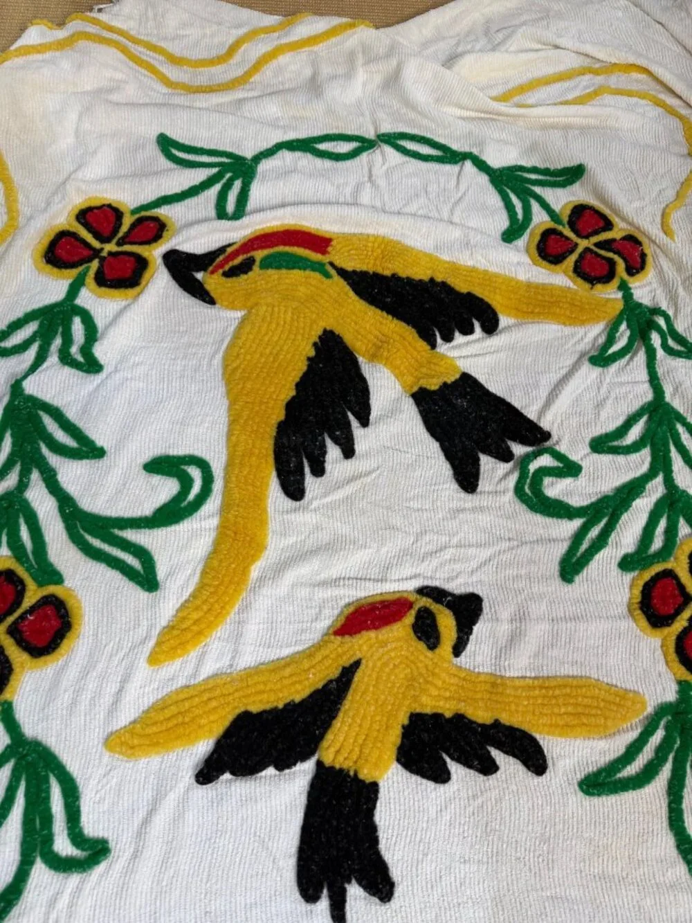 Vintage Chenille Bedspread Yellow Birds Floral Fringed Edges 89
